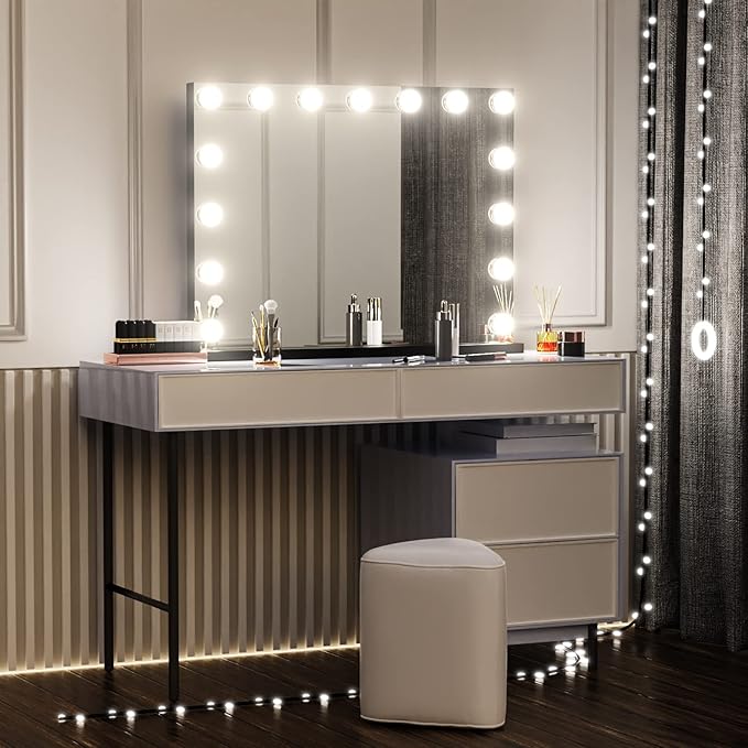 Gvnkvn Vanity Mirror with Lights, 15 Dimmable LED Bulbs Large Hollyhood Makeup Mirror, Light up Mirror with 10X Magnification and USB Charging Port, Smart Touch 3 Colors, Metal Frame