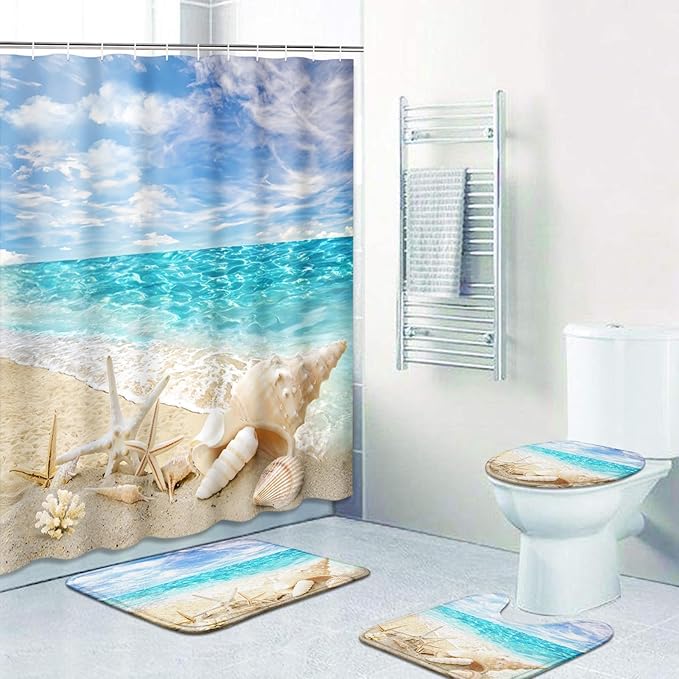 Britimes 4 Piece Shower Curtain Sets, with 12 Hooks, Ocean Starfish Seashells with Non-Slip Rugs, Toilet Lid Cover and Bath Mat for Bathroom Decor Set, 72" x 72"
