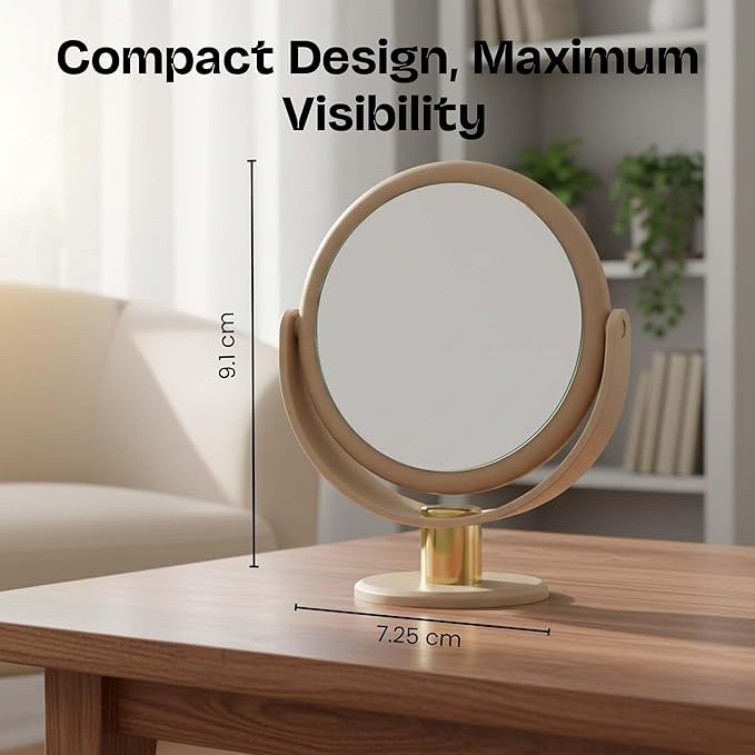 Danielle Creations Round Soft Touch Vanity Mirror – Taupe, 7.48 x 3.94 x 9.06 in, 1x/10x Magnification, Adjustable Stand, Makeup Mirror for Face, Beauty, Travel & Desk Use