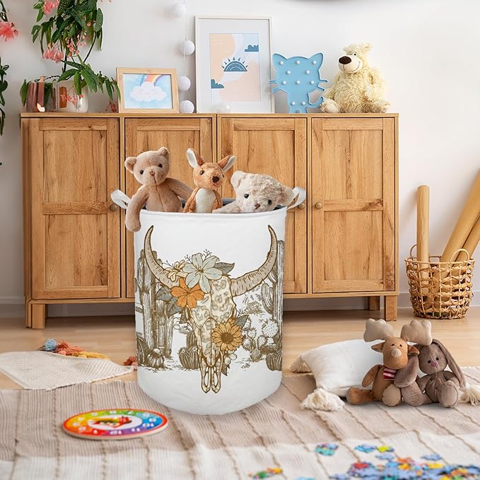 Western Laundry Basket, Vintage Western Floral Bull Skull Waterproof Collapsible Laundry Hamper Dirty Clothes Storage Toy Bin Organizer for Western Bathroom Bedroom, Western Home Decor