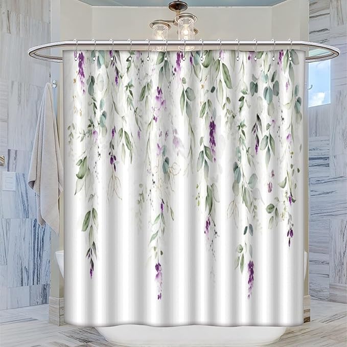 Purple Floral Shower Curtain Watercolor Flowers Modern Minimalist Wildflower Bathroom Decor Fabric Curtains with Hooks 66x72 Inches(168x183cm)