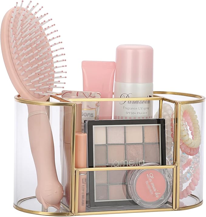 Hipiwe Gold Makeup Brush Holder 4 Slots Glass Cosmetics Brush Organizer Remote Control Holder Pen Holder Vintage Vanity Storage Holder for Brushes Comb Eyeliner fit Dresser Bathroom Office