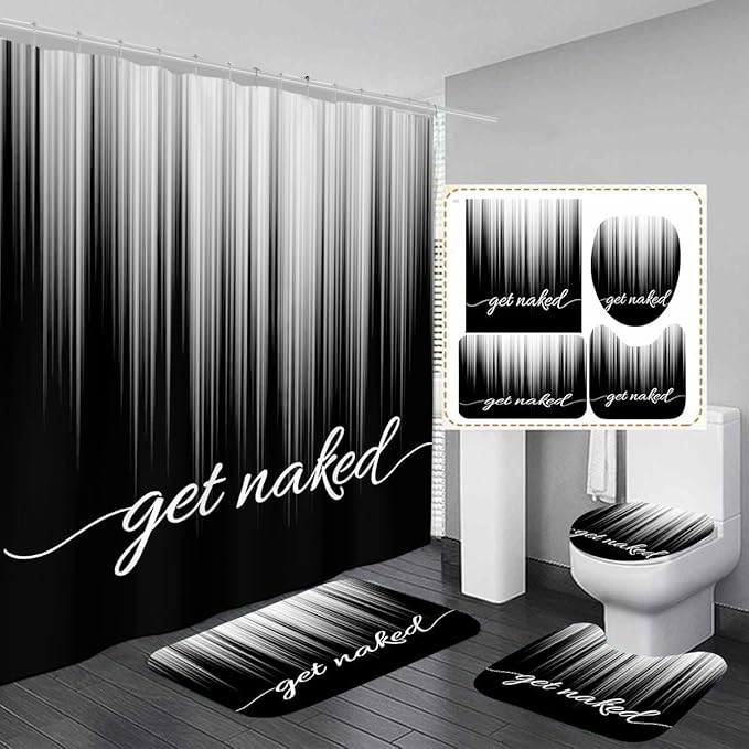 AAtter 4 Piece Black and White Shower Curtain Set Get Naked Grey Silver Ombre Abstract Striped 60Wx72L Curtains Decor with Non-Slip Rugs, Toilet Lid Cover and Bath Mat Bathroom Accessories, Modern