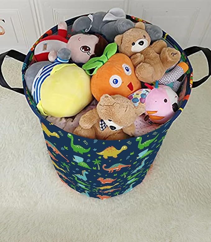 KUNRO Round Dinosaur Laundry Gift Basket Storage Hamper, Clothes Storage Organizer Bins, Shelf Basket with Handles for Room Decor