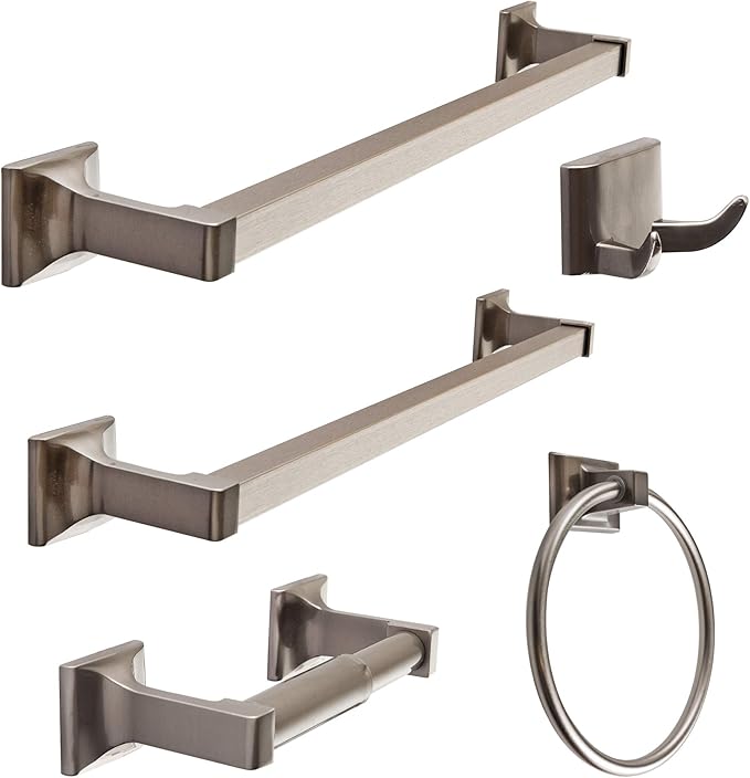 SENTO Cellar Classic Bathroom Accessories Set, Heavy Duty Metal Bath Hardware Set Wall Mounted, Includes Robe Hook, Toilet Paper Holder, Towel Ring, 18” & 24” Towel Bar (5-Piece, Satin Nickel)