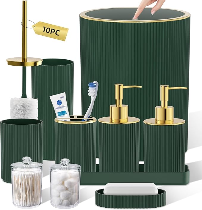 Dark Green Bathroom Accessories Set, 10PC Bathroom Set, Bath Accessory with Pop Up Trash Can, Soap Dispenser, Toilet Brush, Toothbrush Set Qtip Holders & Tray