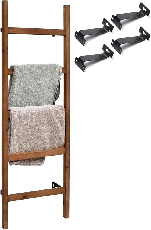 FUIN Wall Mounted 57in Wooden Blanket Ladder Living Room Decorative Farmhouse Quilt Display Holder Rustic Wood Towel Rack for Bathroom, Brown