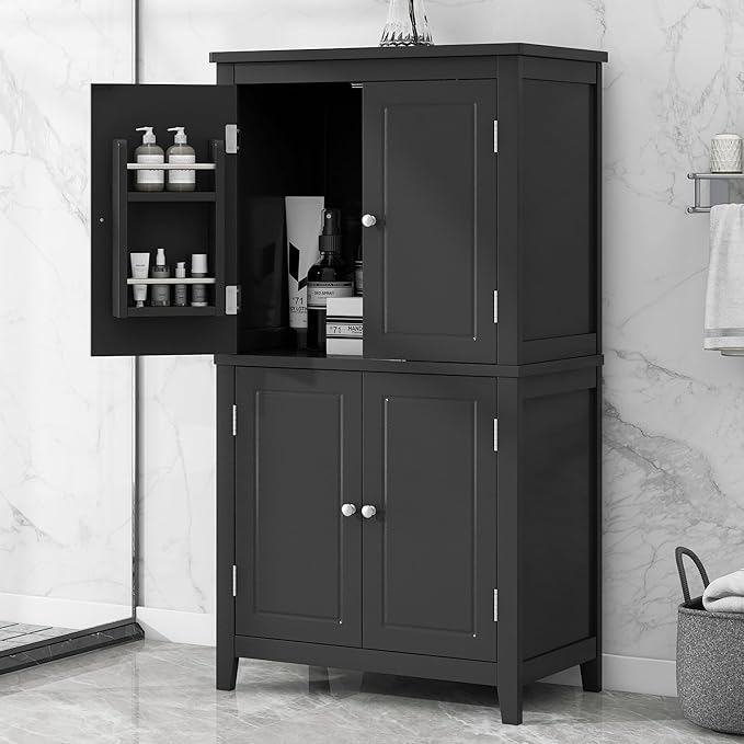 Black Bathroom Storage Cabinet Freestanding Design with 4 Doors Adjustable Shelves Waterproof MDF Board for Home Organization Bathroom Office Use