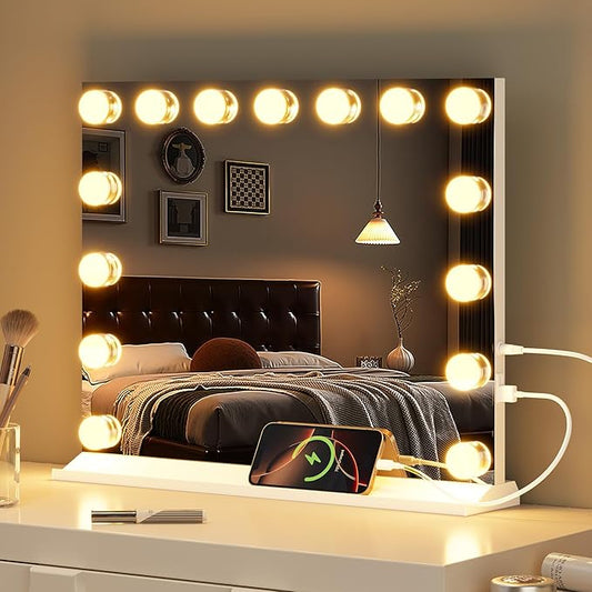 Memobarco Vanity Mirror with Lights, Makeup Mirror with USB/Type-C Charging, Large Hollywood Mirrors w/ 15 LED Bulbs & 5X Magnifier, LED Mirrors for Bedroom Tabletop & Wall Mounted