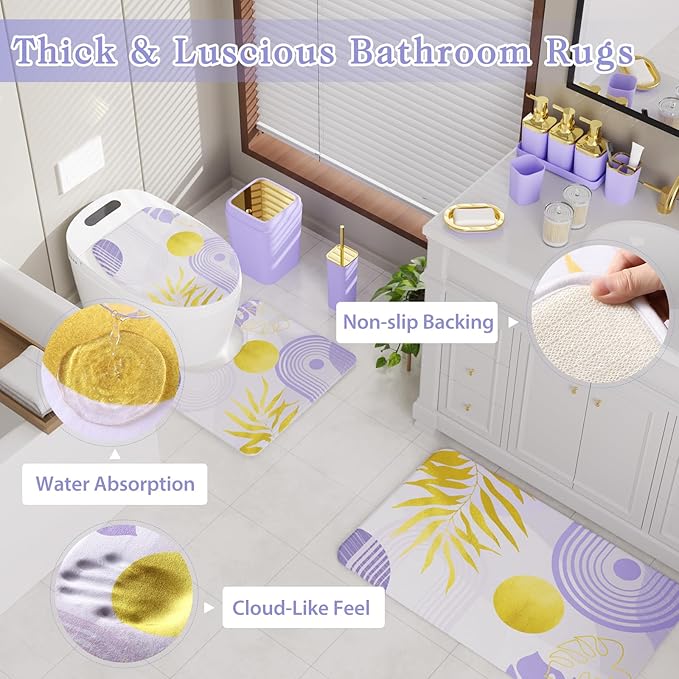 Bathroom Accessories Set - 27PC Bathroom Sets with Shower Curtain and Rugs, Purple Bathroom Set, Purple Bathroom Accessory Set with Trash Can, Toilet Brush & 3 PC Soap Dispensers