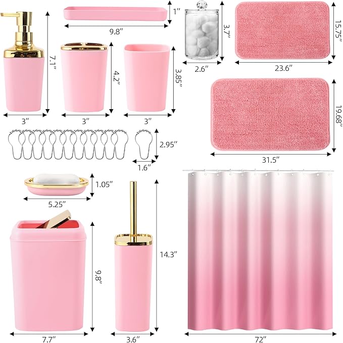 XLHOMO Bathroom Set - Pink Bathroom Sets with Shower Curtain and Rugs, 24PCS Shower Curtain Set with Hooks, Soap Dispenser, Soap Dish, Toilet Brush Holder and Trash Can for Housewarming