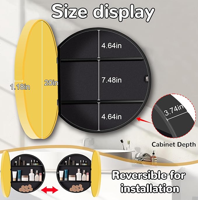 20 Inch Round Medicine Cabinet with Mirror, Gold Bathroom Medicine Cabinet for Wall Metal Framed, Surface Mount Only Circular Storage Cabinet with Vanity Mirror