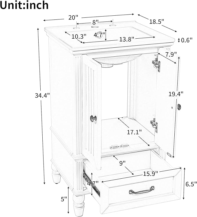 Virubi 20" Small Bathroom Vanity with Sink,Doors and Drawer,Wood Mid-Century Modern Bathroom Sink Cabinets with Adiustable Foot Pads,for Small Space,Freestanding (White)