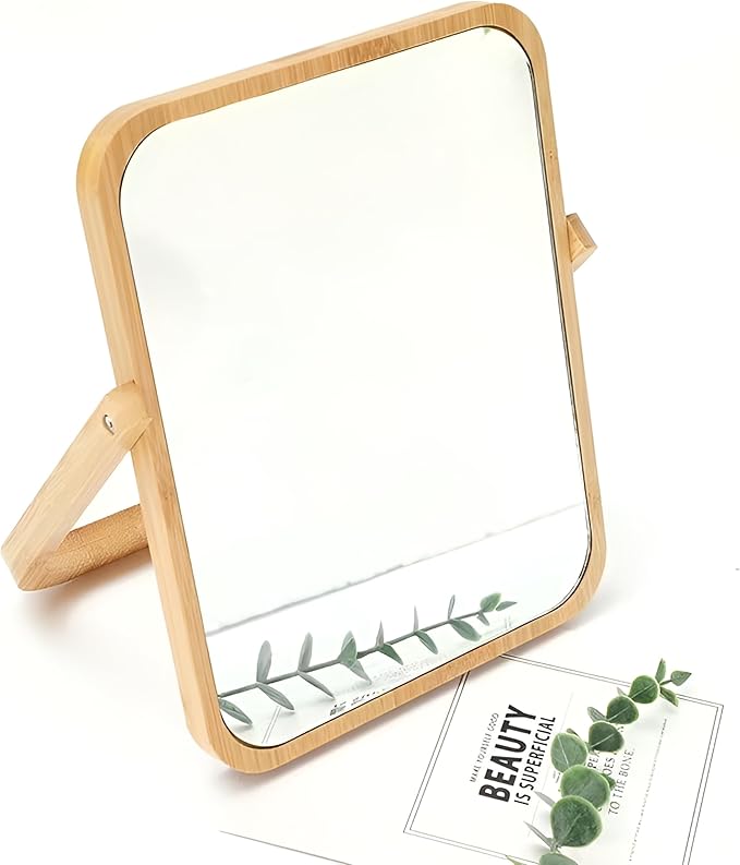 Wooden Desktop Makeup Mirror, Rectangular Tabletop Vanity Mirror with 360° Rotation, Portable High-Definition Single-Sided Cosmetic Mirror for Dressing Table, Bedroom & Bathroom (Yellow Beech Wood)