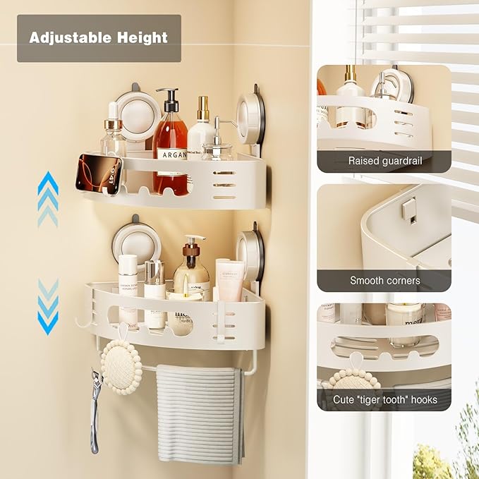 Voldra Corner Shower Caddy Suction Cup, Aluminum Corner Shower Shelves for Wall No Drilling, Large Suction Cup Shower Organizer with Towel Bar & Hooks Removable Bathroom Storage Rack(2 Pack-White)