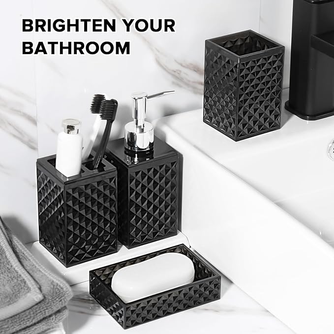 RYTOXILO Black Bathroom Accessories Set, 4 Pack Matte Black Bath Accessory Sets Complete, Acrylic Soap Dispenser and Toothbrush Holder Set for Bathroom Counter Sink, Modern Bathroom Decor