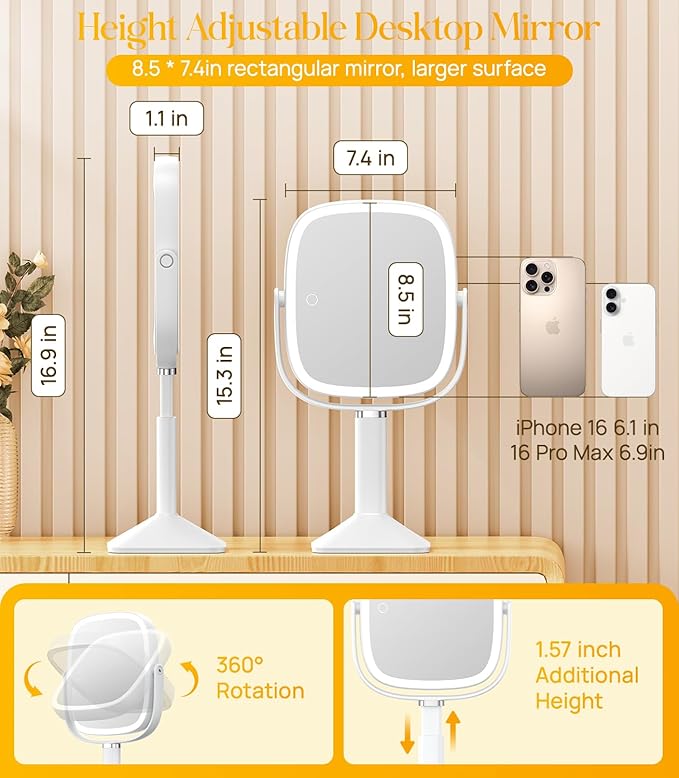 Gospire Rectangle Lighted Makeup Mirror with Lights and 1X/7X Magnifying Mirror, Height Adjustable and 4000mAh Rechargeable for Bedroom, 8.5”x7.4” Large Surface, Stepless Dimming - White