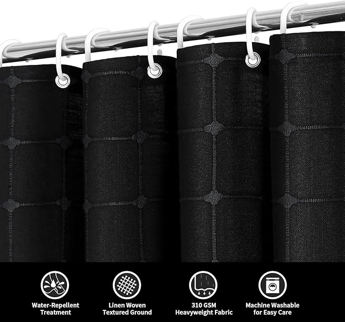 MitoVilla Black Boho Shower Curtains for Modern Bathroom Decor, Farmhouse Polyester Linen Fabric Cloth Shower Curtain with Tassel, 72 x 72