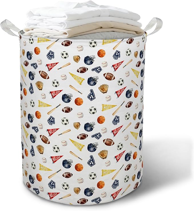 Sports Boys Laundry Basket Hamper, Sports Nursery Decor, Different Kinds Balls Foldable Clothes Toys Books Storage Box Bins Baskets Organizer for Kids Boys Room Bedroom Playroom