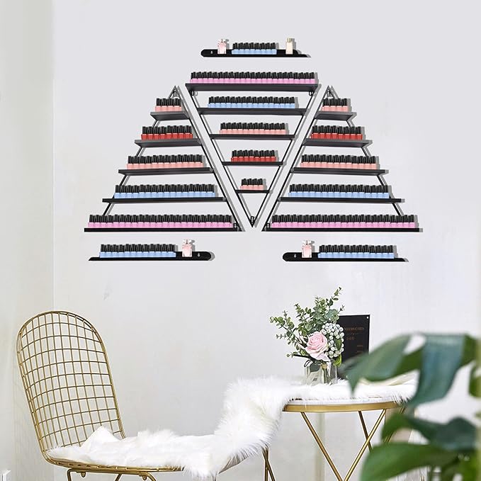 Metal Wall-Mounted Nail Polish Storage Racks,5 Tiers Triangular Nail Polish Organizer Wall,Cosmetic Display Perfume Holder Lipstick Wall Shelf for Nail Salon Shop Home (Black)