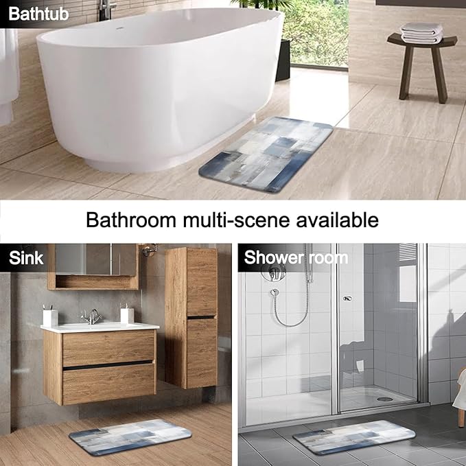Lnond 4Pcs Bathroom Shower Curtain Sets with Rugs,Blue Grey Abstract Bathroom Sets with Shower Curtain and Rugs and Accessories