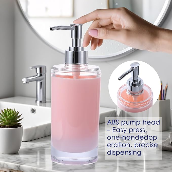 Pink Bathroom Accessories Set 5 Pieces Soap Dispenser and Toothbrush Holder, Tumbler, Soap Dish, Waterproof Labels, Acrylic Sink Countertop Organizer Set, Housewarming Gift with Exquisite Packaging