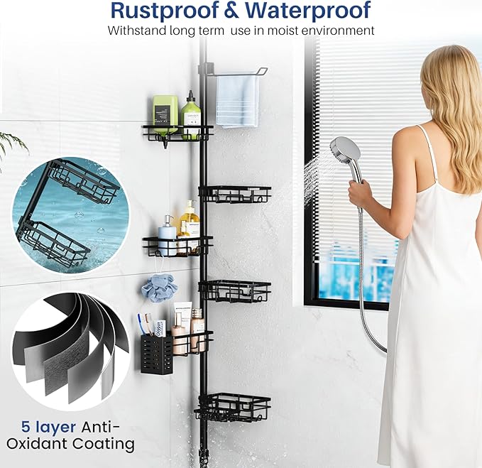 Corner Shower Caddy Organizer Tension Pole, Adjustable 6 Shower Shelves Corner Shelf 30-120Inch Rustproof Shower Rack for Inside Shower, Extra Towel Bar Soap Dish Bathroom Organizers and Storage Black