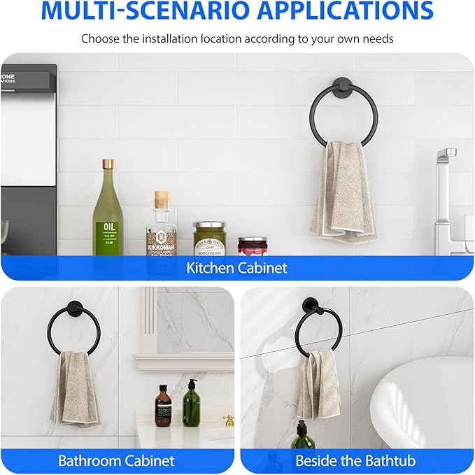 Towel Rings for Bathroom Wall Mount, SUS 304 Stainless Steel Hand Towel Holder, Modern Shower Hardware, Black, 1-Pack