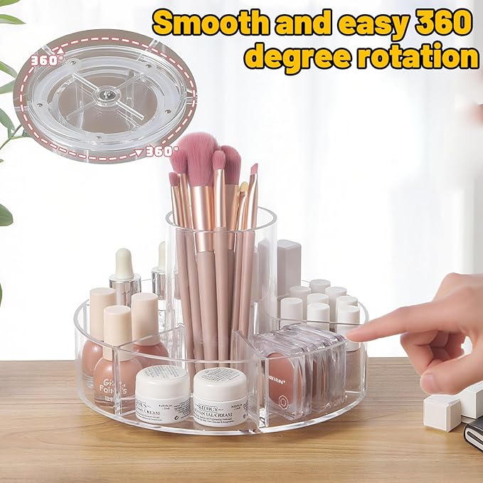 360-Degree Rotating Makeup Organizer, 6 Compartments, Clear Cosmetic Display Case with Lazy Susan Turntable