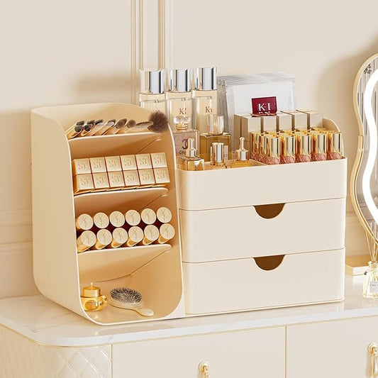 Makeup Organizer for Vanity, Countertop Cosmetic Display Case with Drawer, Bathroom Counter Beauty Caddy, Comfyroom Table Storage Holder for Skincare, Brush Eyeliner Eyeshadow Lipsticks, Creem