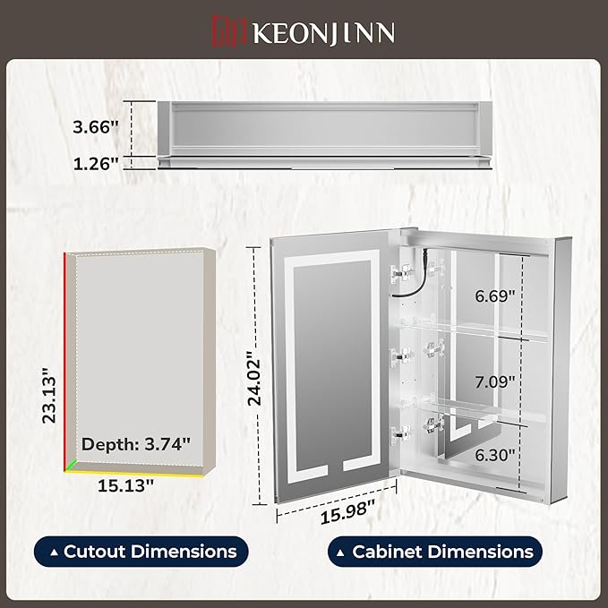 Keonjinn 16x24 Inch Lighted Medicine Cabinet for Bathroom with Outlets, Anti-Fog Lighted Medicine Cabinet with Mirror 3 Colors Dimmable, Tempered Glass UL Listed Front Lit Bathroom Mirror with Storage