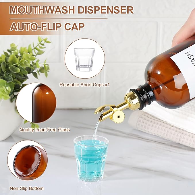 Mouthwash Dispenser for Bathroom, Glass Mouthwash Dispenser with Cup, Mouth Wash Container Bottle with Cup, Refillable Mouthwash Decanter, Amber, 1 Pack, 17oz