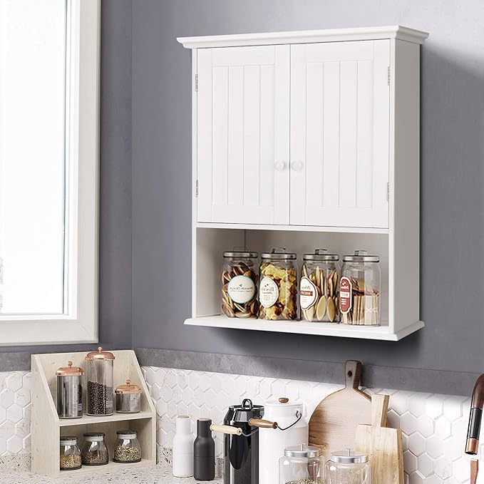 COSTWAY Wall Mounted Bathroom Cabinet, Over The Toilet Storage Cabinet w/Double Doors & Adjustable Shelf, Wood Hanging Medicine Cabinet for Living Room, Entryway, Kitchen (White)
