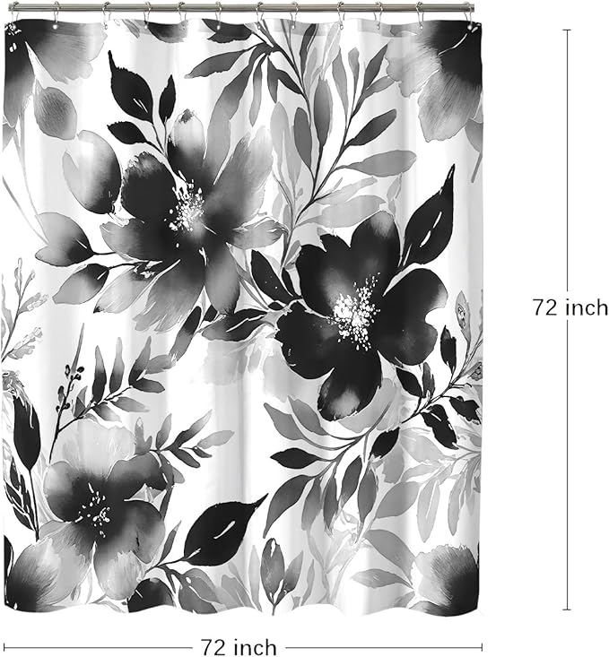 Floral Shower Curtain, Black Watercolor Flower Shower Curtains for Bathroom, Modern Minimalist Waterproof Fabric Bath Decoration 72x72 Inch