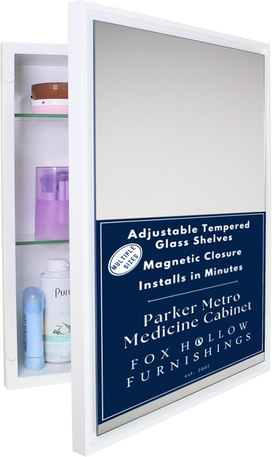 Fox Hollow Furnishings 16x20 Parker Metro Metal Framed Rectangle Recessed Bathroom Medicine Cabinet, Floating Mirror, 14x18 in-Wall Opening, Steel, Adjustable Glass Shelves, Magnet Close, White