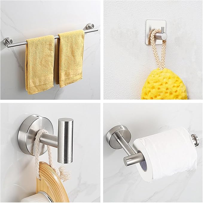 5-Pieces Bathroom Hardware Set, SUS304 Stainless Steel Towel Rack Set, 16" Hand Towel Rack, Toilet Paper Rack, 3 Bathrobe Towel Hooks, Bathroom Accessories, Towel Rack Set(Brushed Nickel)