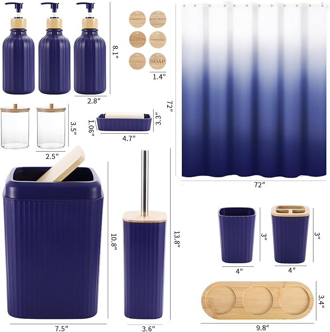 XLHOMO 30PCS Navy Blue Bathroom Accessories Set with Waffle Shower Curtain,Trash Can,3PCS Lotion Soap Dispenser, Toothbrush Holder, Soap Dish,Tumbler Cup,6PCS Wood Tags Bath Accessories with Tray