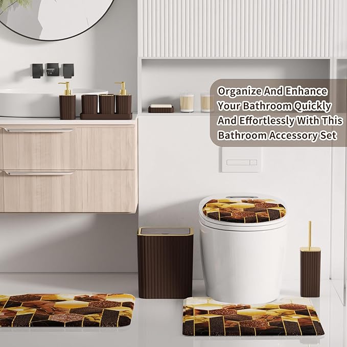 XLHOMO Bathroom Set - 26PC Bathroom Set with Shower Curtain and Rugs, Bathroom Accessory Set, Brown Bathroom Accessories Set, Trash Can & Soap Dispenser