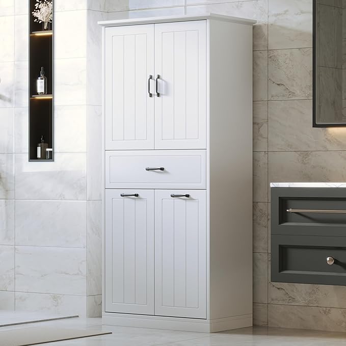 Virubi Tall Bathroom Storage Cabinet with 2 Tilt Out Laundry Hamper, Wood Bathroom Laundry Cabinet with Doors and Drawer for Home, Laundry Baskets, Adjustable Shelves, Freestanding