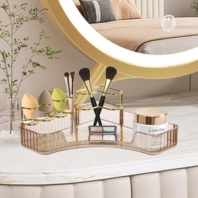 Makeup Organizer for Vanity Corner Storage Shelf for Bathroom Countertop Skincare Organizer with Makeup Brush Holder (Amber)