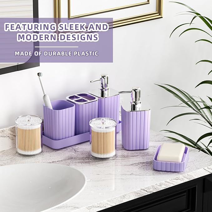 XLHOMO Bathroom Accessories Set - Gorgeous Purple Bathroom Set, 10PC Bathroom Accessory Set, Toilet Brush, Trash Can & Soap Dispenser