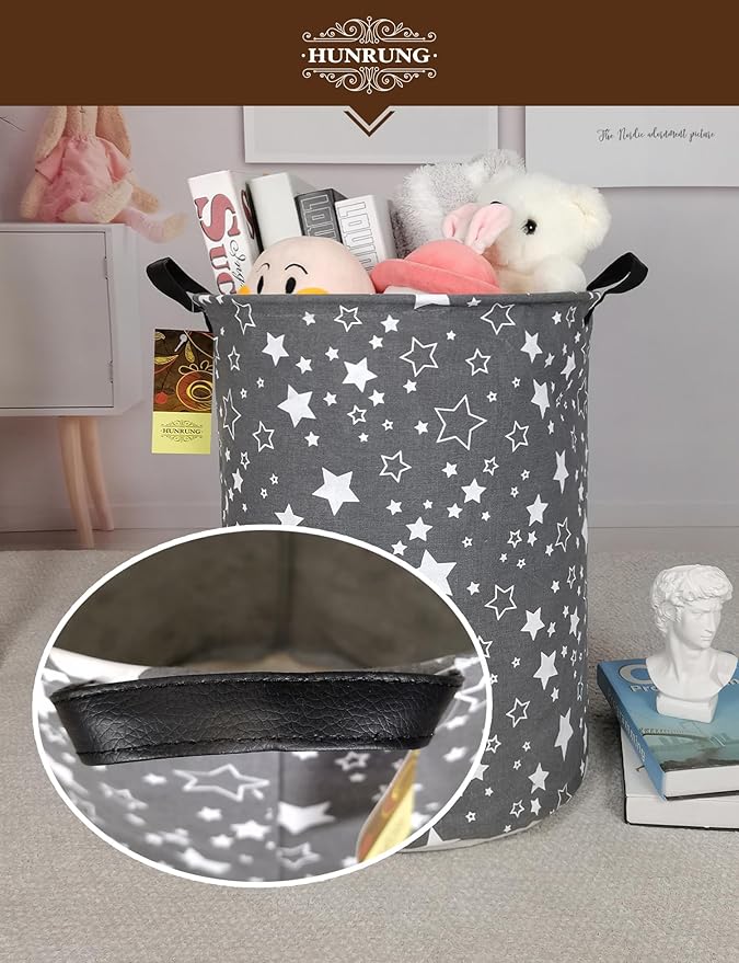 HUNRUNG Laundry Hamper,Large Canvas Fabric Lightweight Storage Basket Toy Organizer Dirty Clothes Collapsible Waterproof for College Dorms, Children Bedroom,Bathroom???Round star???