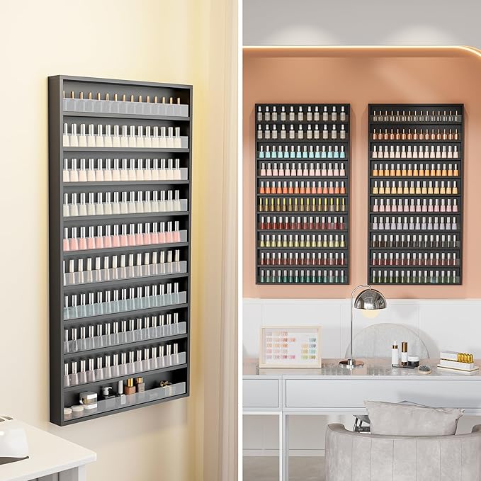 OmySalon Nail Polish Organizer Wall Mount - Holds 200 Bottles with Acrylic Barrier, Salon Display Rack for Home Spa & Nail Studio - Assembly Required, Wooden Polish Storage (Black, 10-Tier)