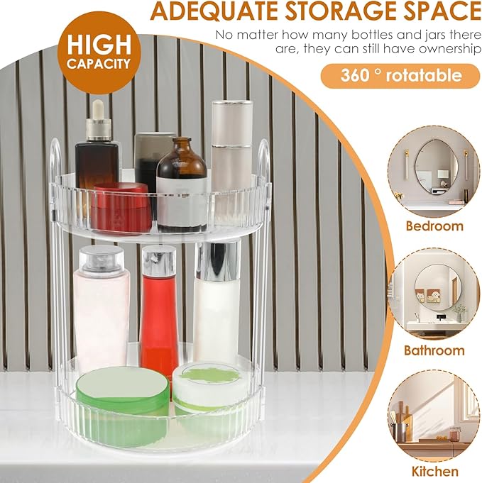 Rotating Makeup Organizer 360°Rotating Skincare Organizer Large Capacity Rotating Cosmetic Organizer 2 Layers Rotating Vanity Organizer Practical Rotating Dresser Organizer for Countertop (Clear 2PCS)