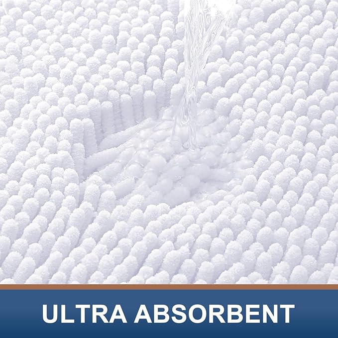 Smiry Luxury Chenille Bathroom Rugs 48x32, Extra Soft and Absorbent Shaggy Bath Mat, Machine Washable, Non-Slip Plush Carpet Runner for Tub, Shower, and Floor, Home Decor Accessories, White