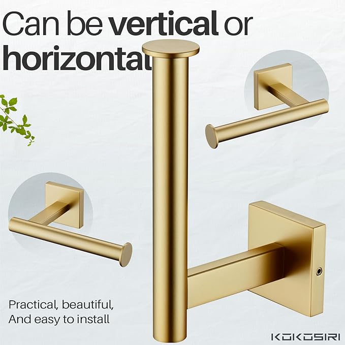 KOKOSIRI 20-Inch Bathroom Shelves Glass Floating Shelf Toilet Roll Holder Toilet Paper Holder Stainless Steel Brushed Gold B1105BG-L20+B2008BG