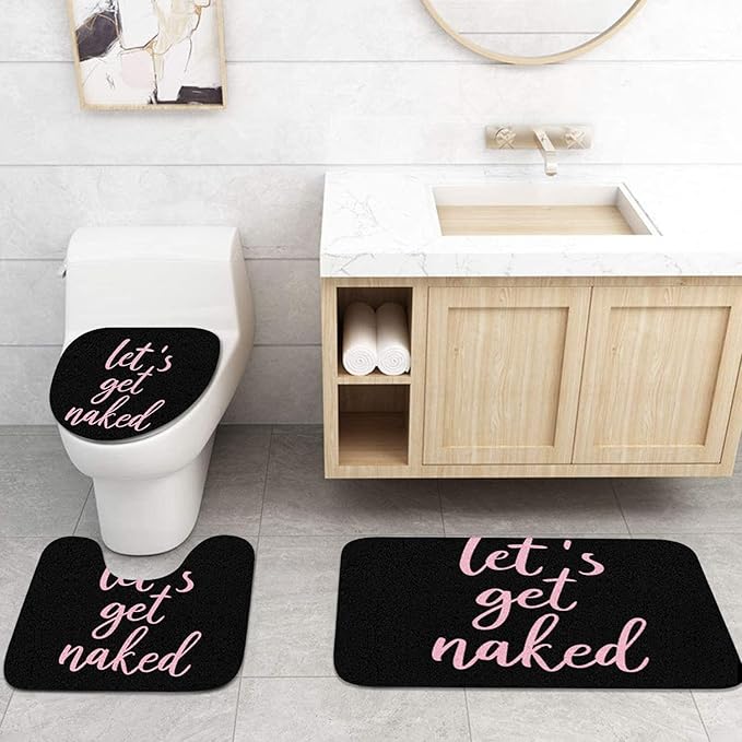 ArtSocket 4PC Pink Let's Get Naked Shower Curtain Sets Black Bathroom Decor with Rugs, Non-Slip Rug,Toilet Lid Cover, Bath Mat and 12 Hooks 72x72 inches