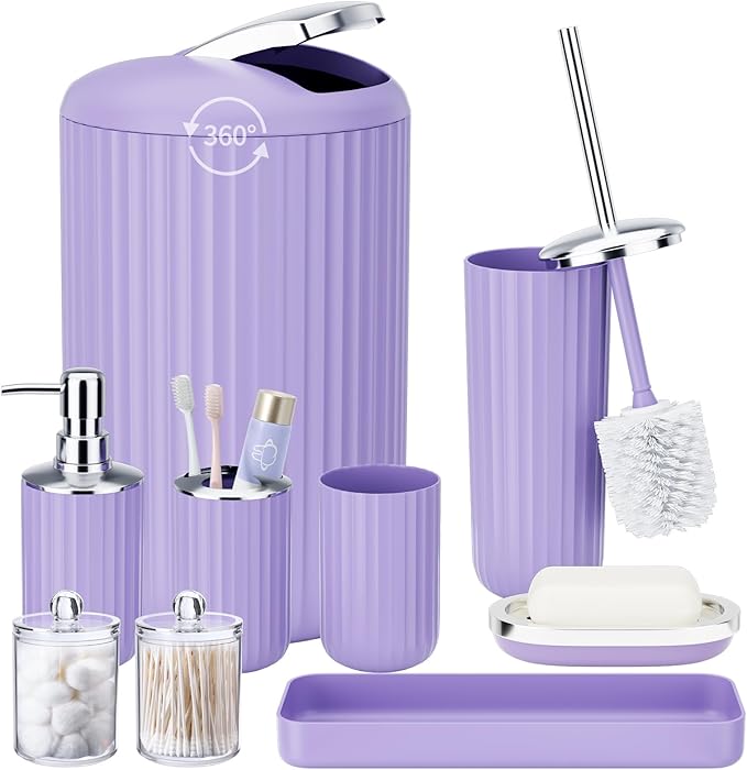 XLHOMO 9PCS Purple Bathroom Accessories Set Complete with Trash Can, Vanity Tray, Soap Dispenser, Soap Dish, Toothbrush Holder, Toothbrush Cup, Toilet Brush and Qtip Holders
