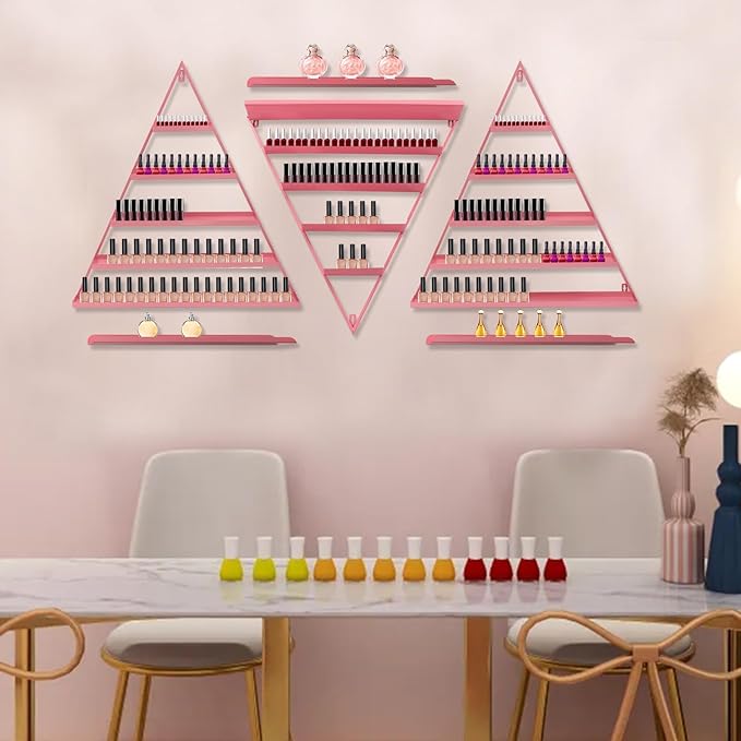 6PCS Triangular Wall-Mounted Nail Polish Racks, Pink 5-Tier Nail Polish Shelves, Heavy-Duty Cosmetic Display Cases with Raised Edges for Nail Salon, Home, Shop Use