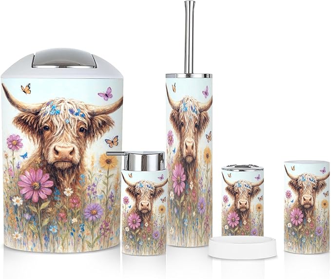 6 Piece Bathroom Accessories Set Highland Cow Rustic Farmhouse Animal Nature Flower Landscape Abstract Trash can Toilet Brush Holder Toothbrush Holder Toothbrush Cup Soap Dispenser Soap Dish Boho